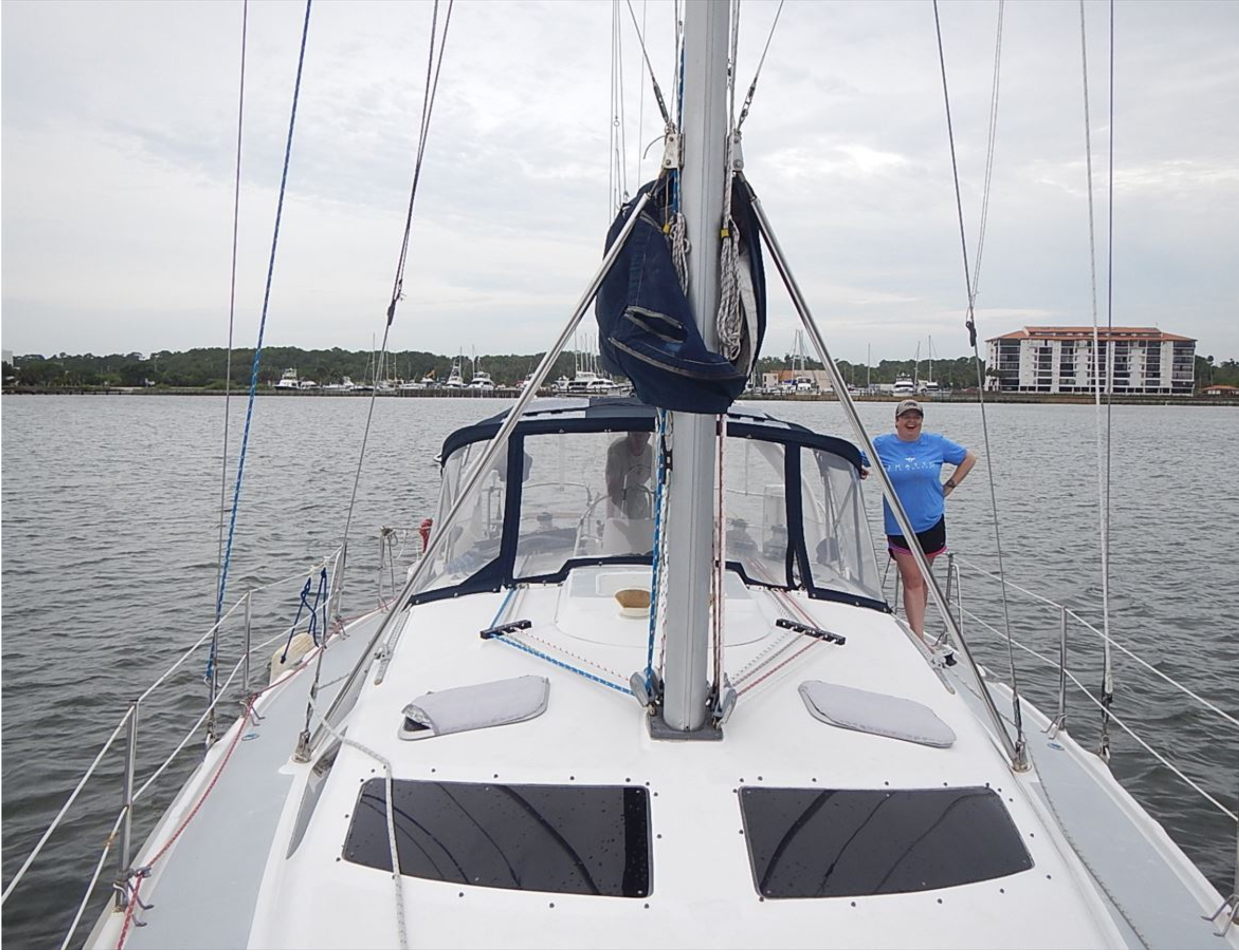 Cindy stands on the port gunwale during the sea trial