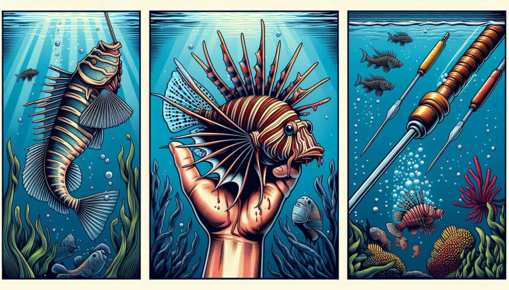 A three panel of a stylized lionfish, a hand holding a lionfish, and three spears under water.